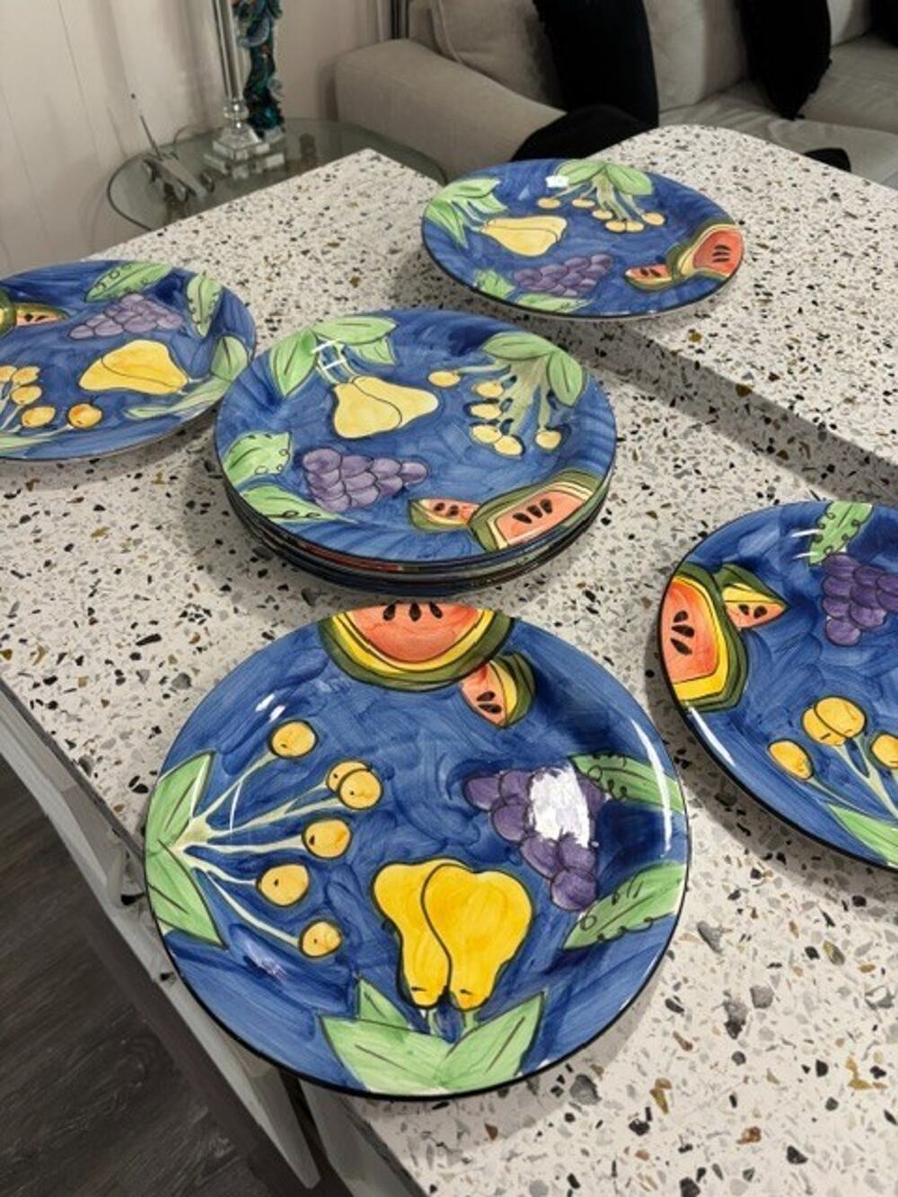 VTG Tabletops Unlimited Mista Fruit Dinner Plates Set of 8 Cobalt Blue Hand Pain